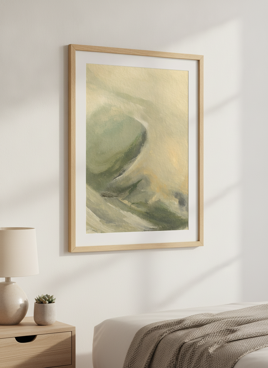 Minimalist artwork displayed in a calm, light-filled bedroom interior