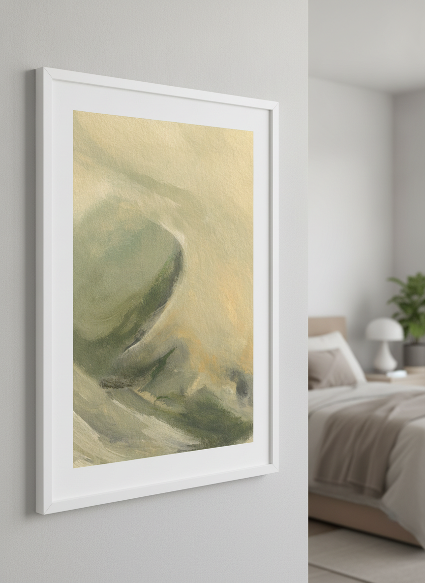 Minimalist artwork displayed in a calm, light-filled bedroom interior