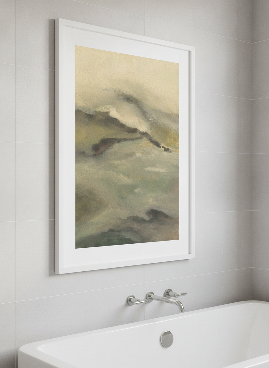 Modern print displayed in a clean minimalist bathroom setting