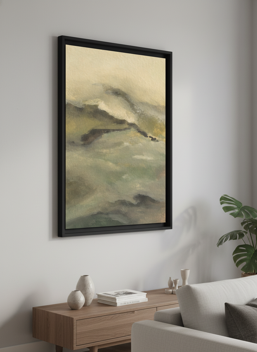 Modern wall art styled above a sofa in a neutral living room