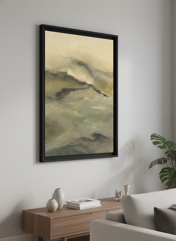 Modern wall art styled above a sofa in a neutral living room