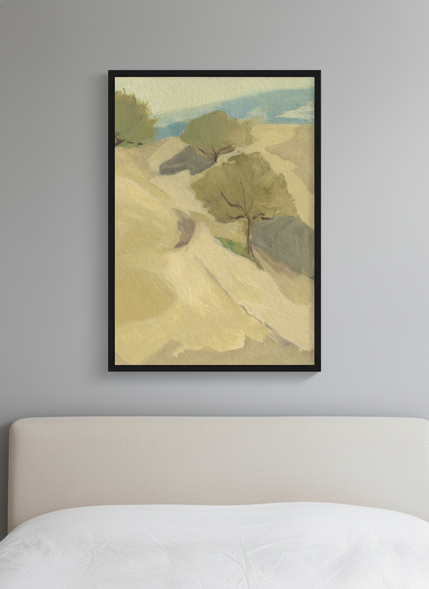 Minimalist artwork displayed in a calm, light-filled bedroom interior