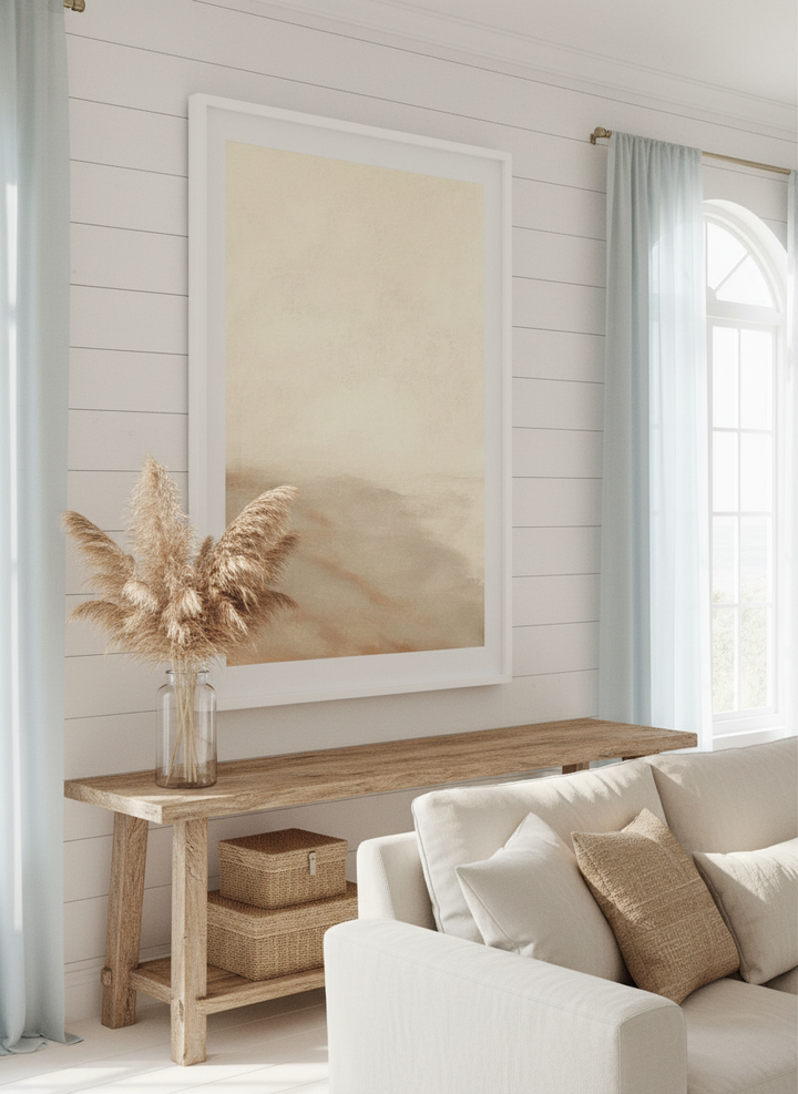 Neutral wall art displayed in a sunny coastal beach house