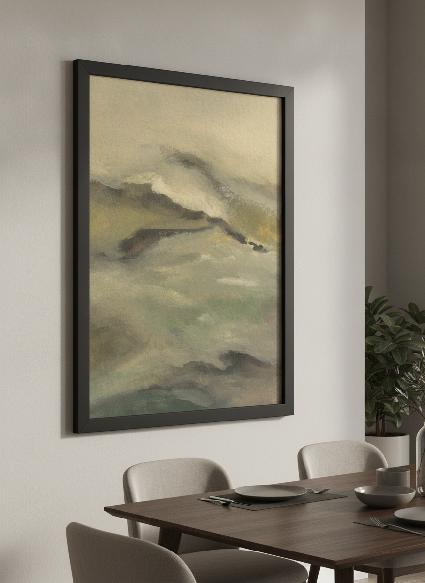 Wall art styled above a dining table in a contemporary home