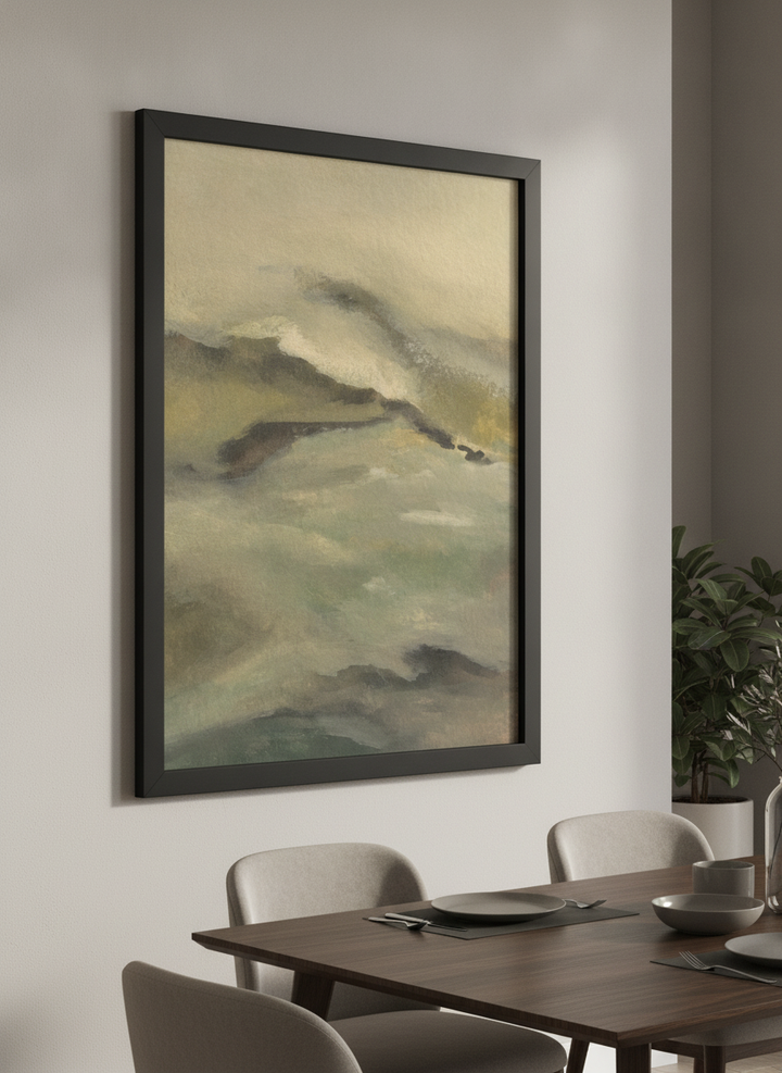 Wall art styled above a dining table in a contemporary home