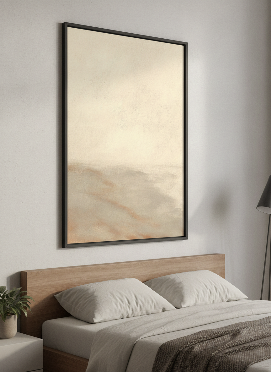 Minimalist artwork displayed in a calm, light-filled bedroom interior