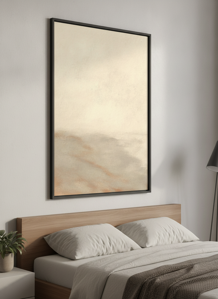 Minimalist artwork displayed in a calm, light-filled bedroom interior
