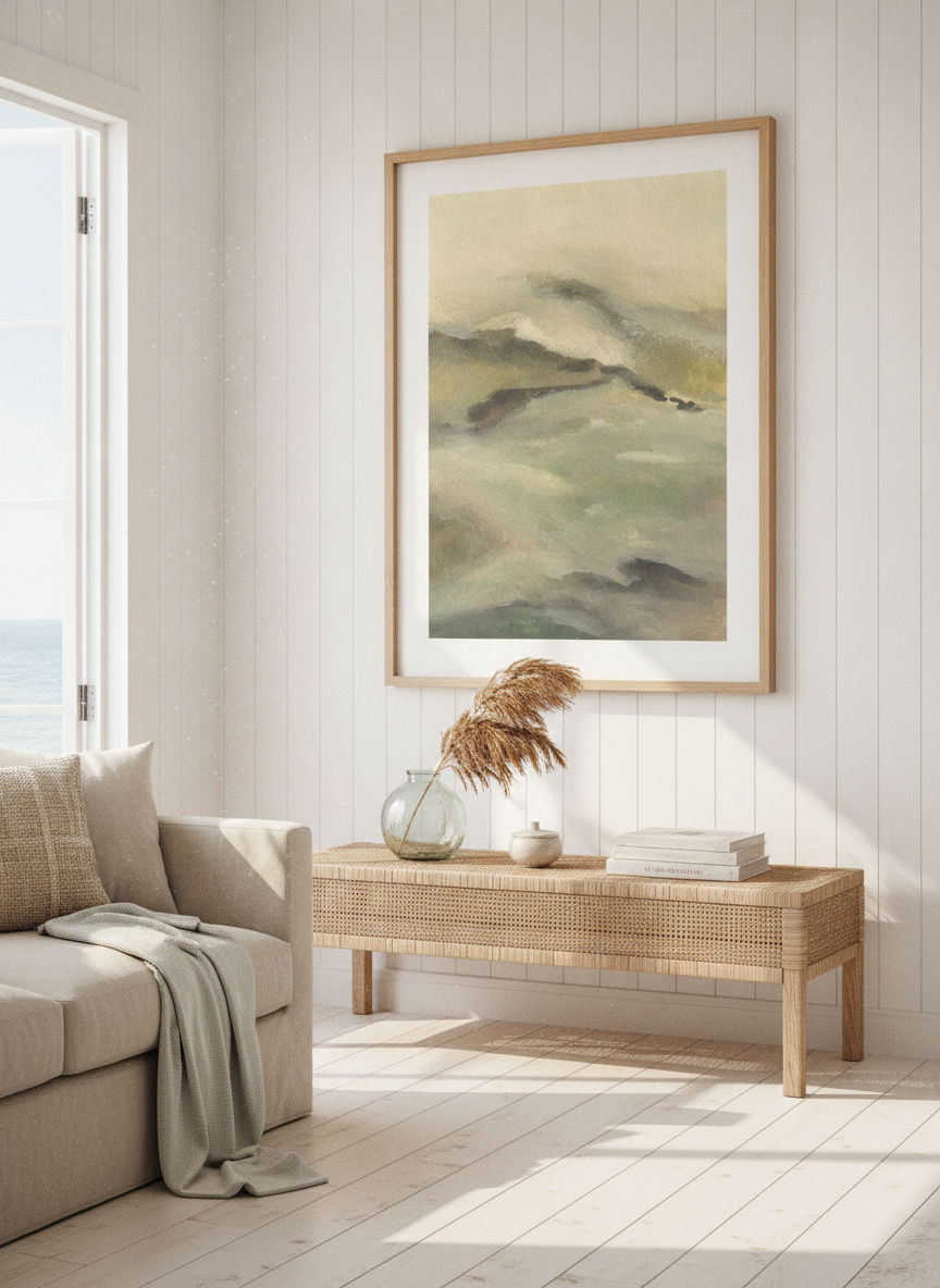 Neutral wall art displayed in a sunny coastal beach house