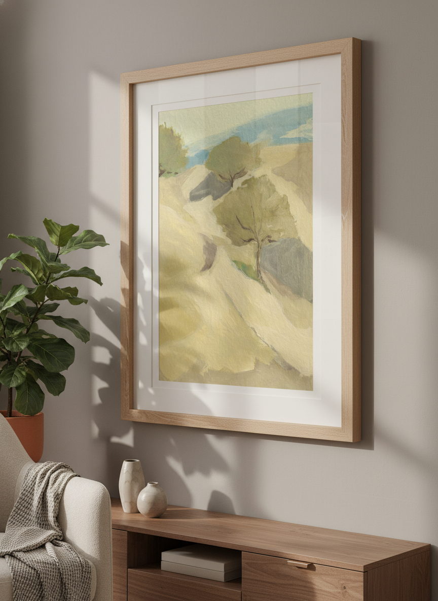 Modern wall art styled above a sofa in a neutral living room