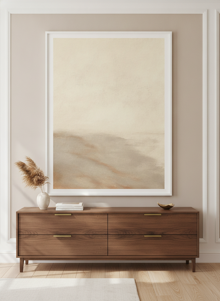 Monumental artwork centred on a feature wall in a luxe interior