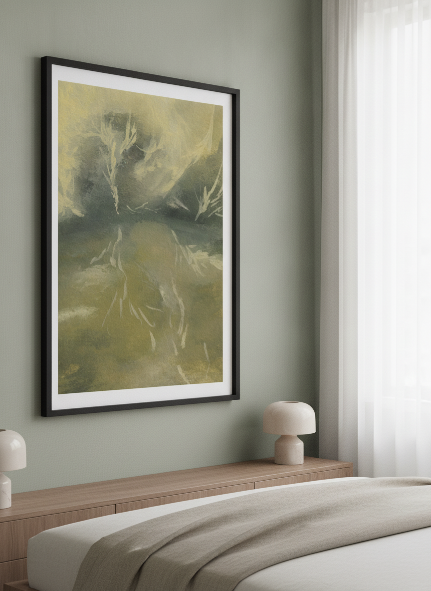 Minimalist artwork displayed in a calm, light-filled bedroom interior