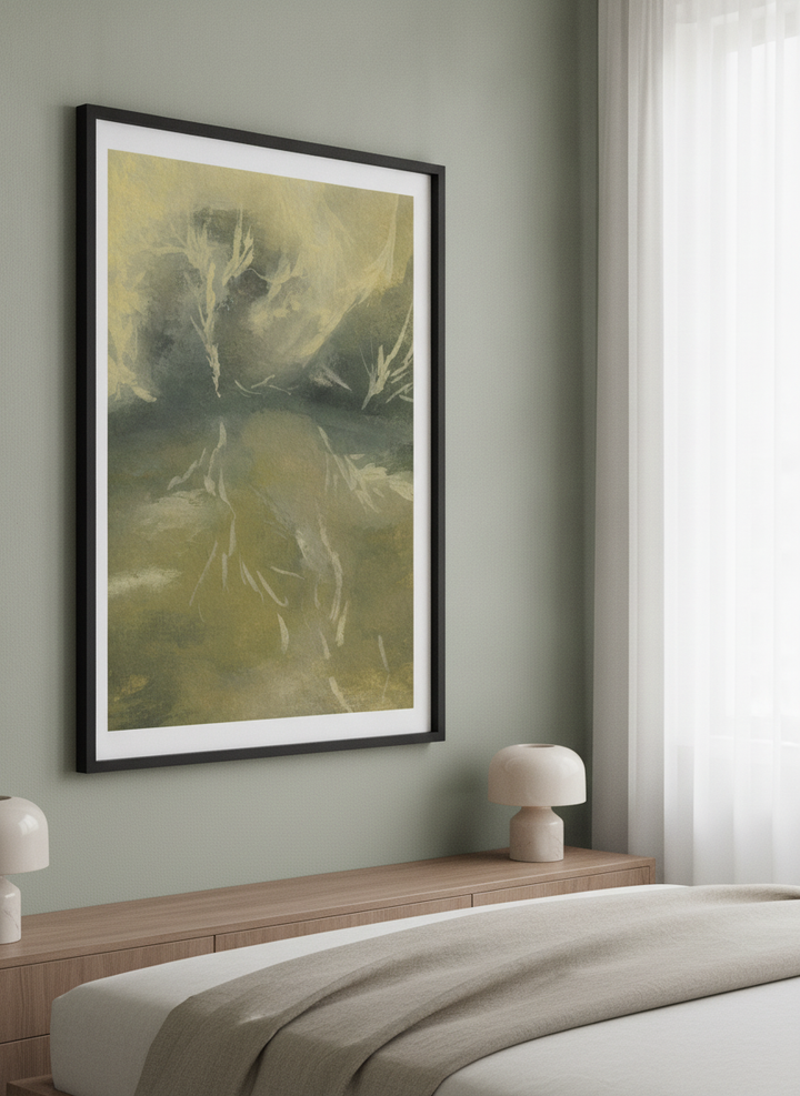Minimalist artwork displayed in a calm, light-filled bedroom interior
