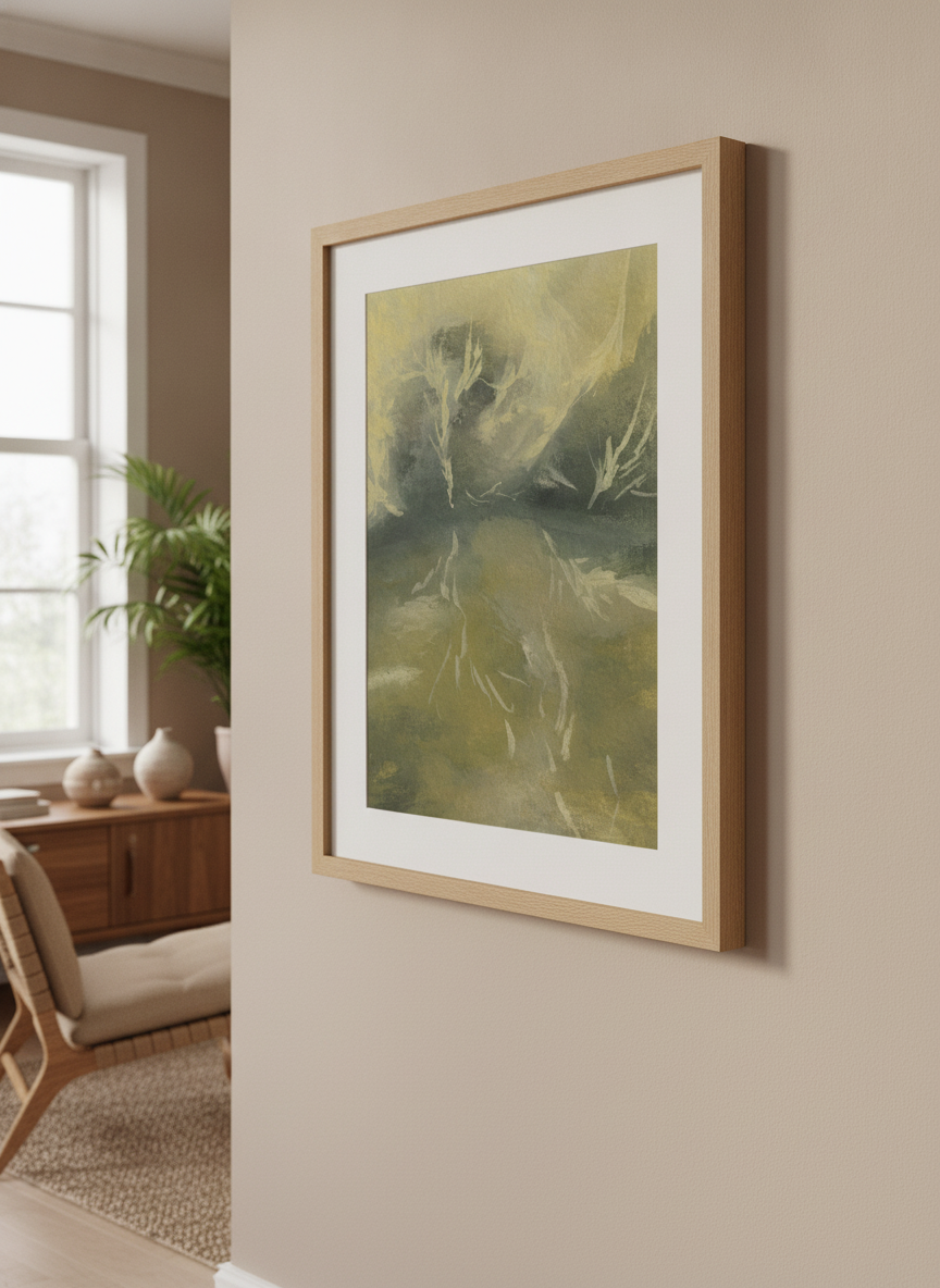 Modern wall art styled above a sofa in a neutral living room