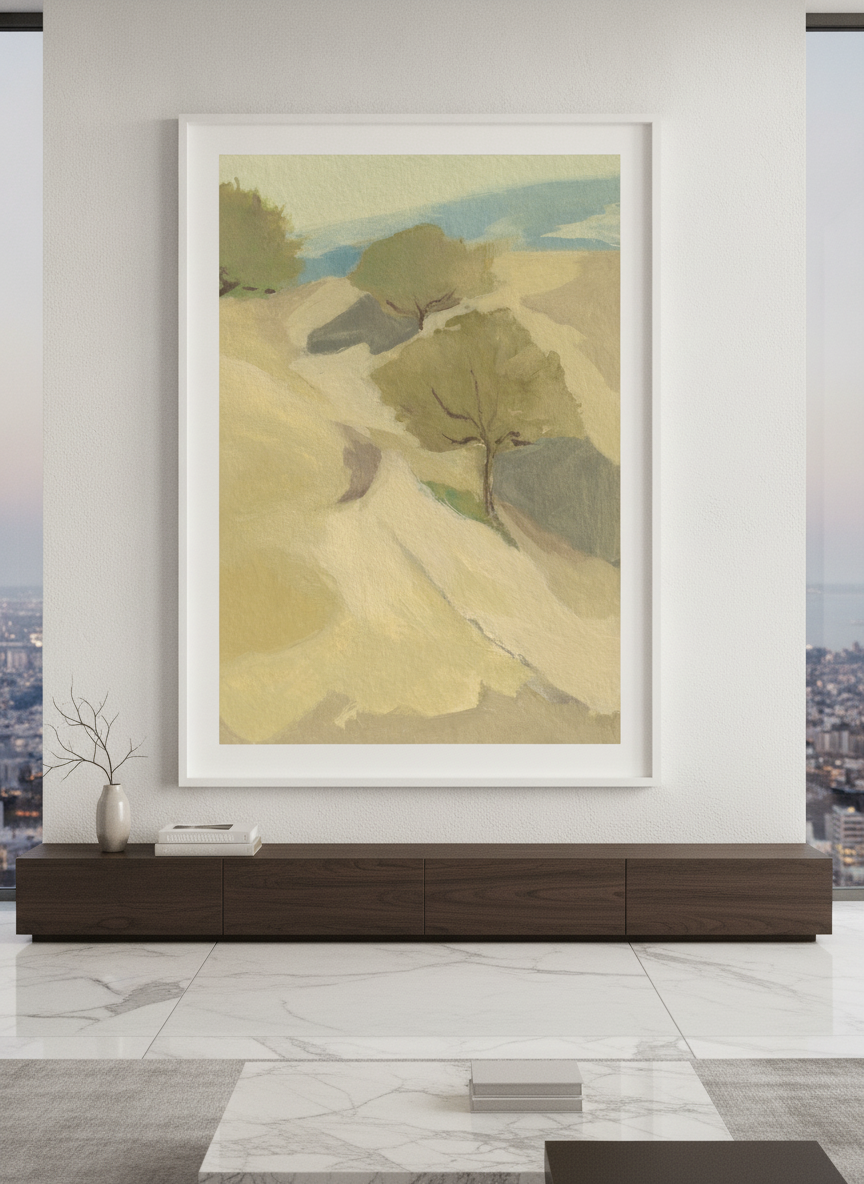 Monumental artwork centred on a feature wall in a luxe interior