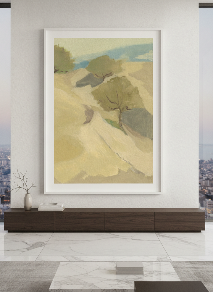 Monumental artwork centred on a feature wall in a luxe interior