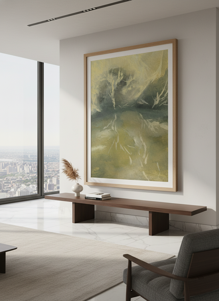 Monumental artwork centred on a feature wall in a luxe interior