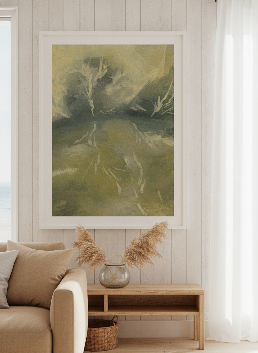 Neutral wall art displayed in a sunny coastal beach house