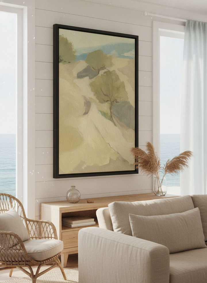 Neutral wall art displayed in a sunny coastal beach house
