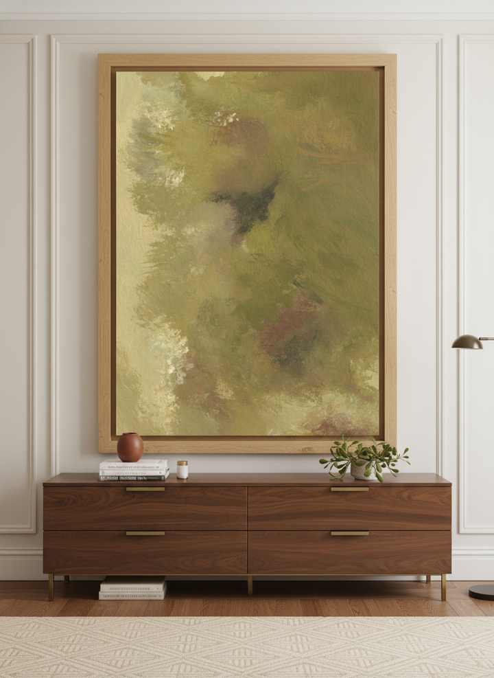 Monumental artwork centred on a feature wall in a luxe interior