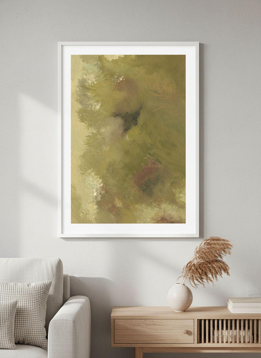 Modern wall art styled above a sofa in a neutral living room