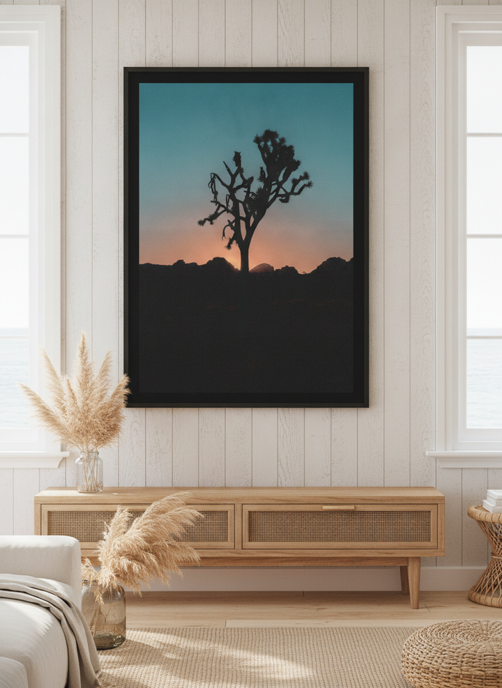 Neutral wall art displayed in a sunny coastal beach house