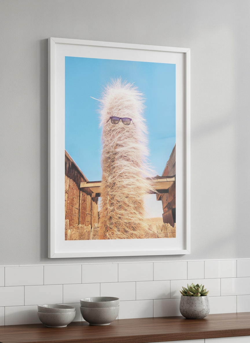 Artwork styled on the wall of a bright modern kitchen
