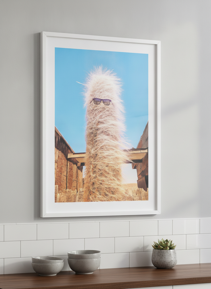 Artwork styled on the wall of a bright modern kitchen