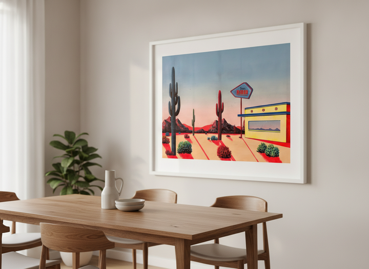 Wall art styled above a dining table in a contemporary home