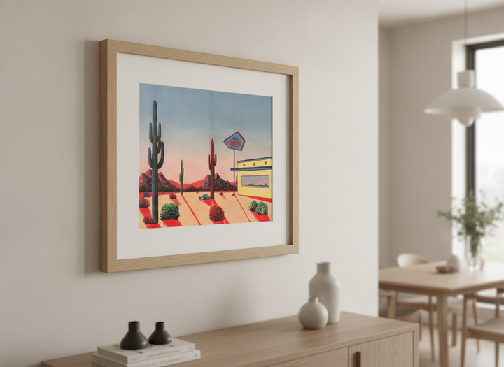 Wall art styled above a dining table in a contemporary home