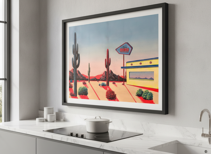 Artwork styled on the wall of a bright modern kitchen