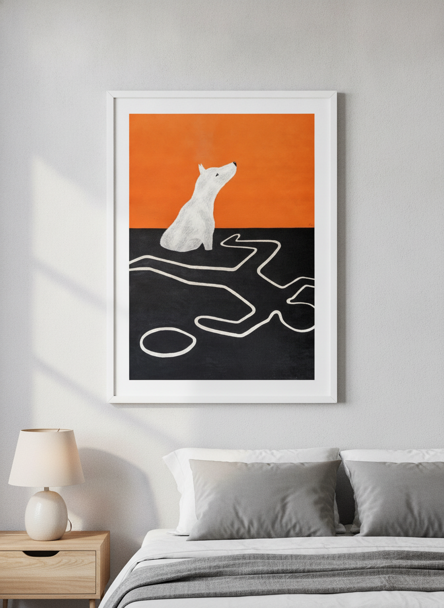 Minimalist artwork displayed in a calm, light-filled bedroom interior