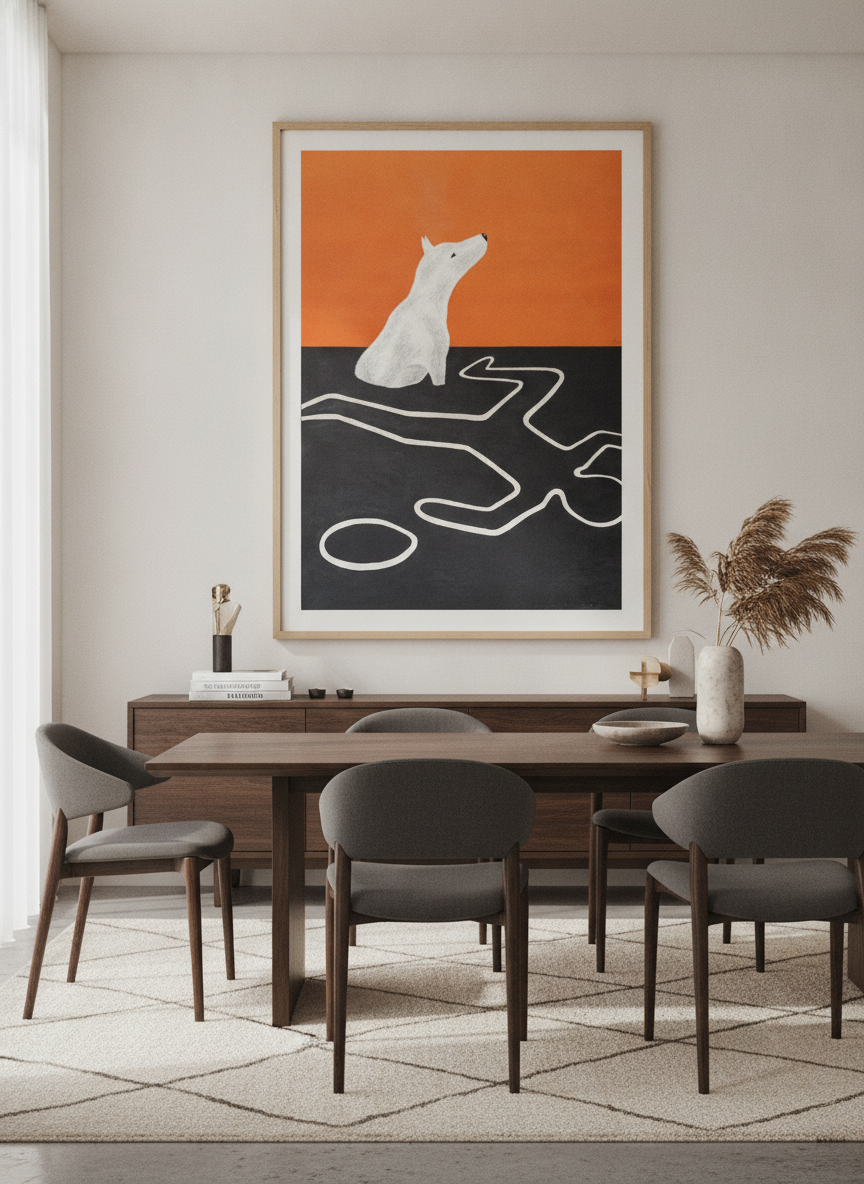 Monumental artwork centred on a feature wall in a luxe interior