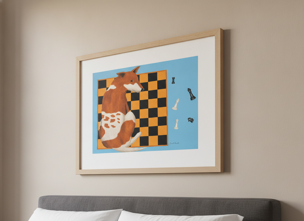 Minimalist artwork displayed in a calm, light-filled bedroom interior