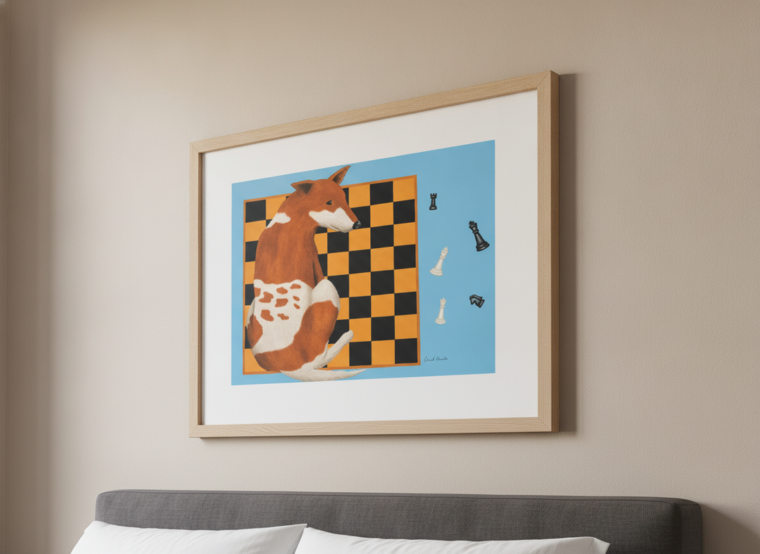 Minimalist artwork displayed in a calm, light-filled bedroom interior