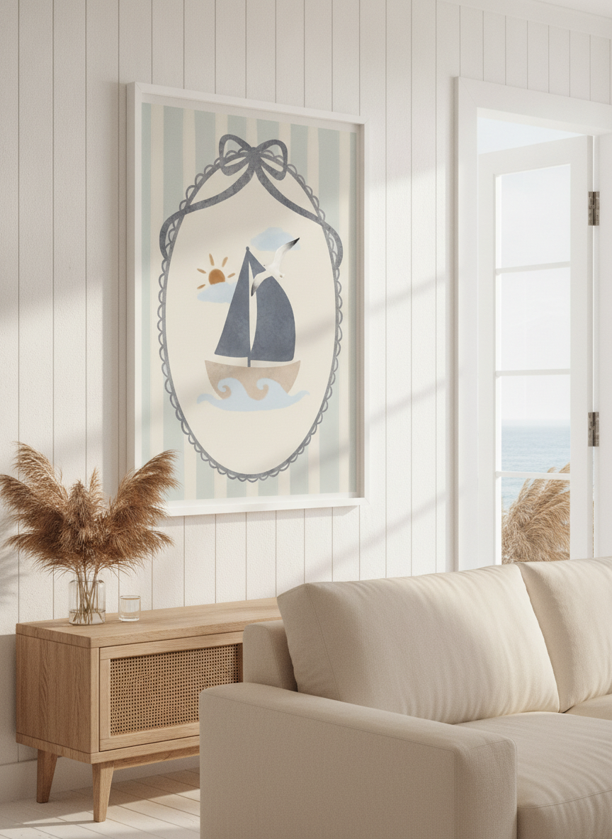 Neutral wall art displayed in a sunny coastal beach house