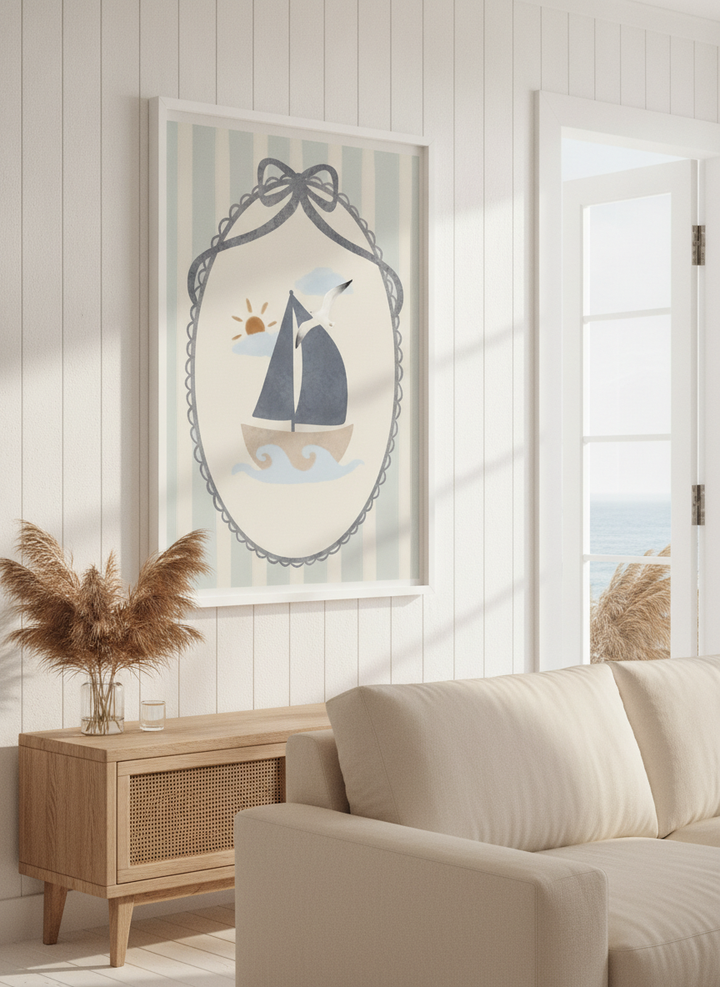 Neutral wall art displayed in a sunny coastal beach house