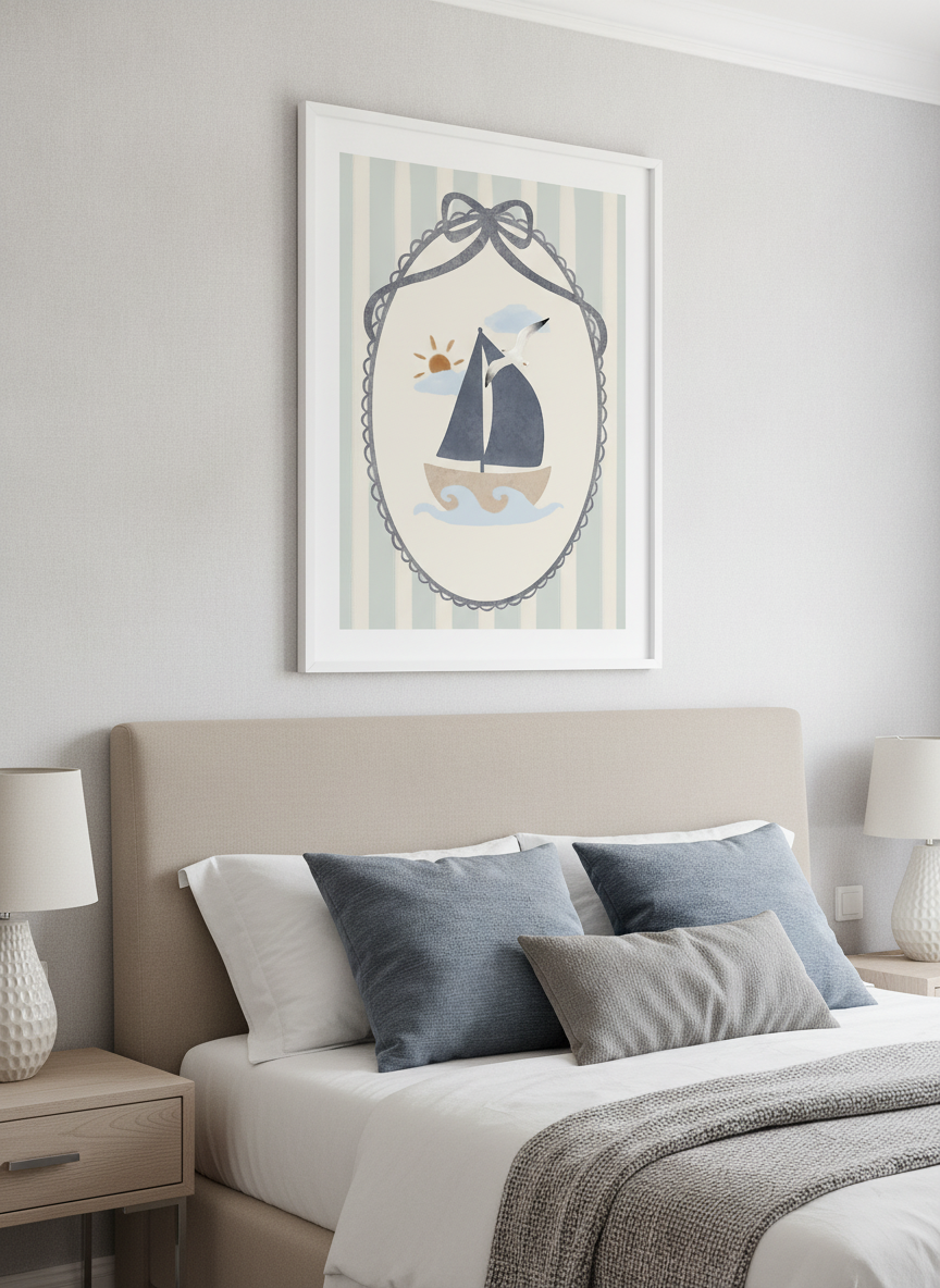Minimalist artwork displayed in a calm, light-filled bedroom interior