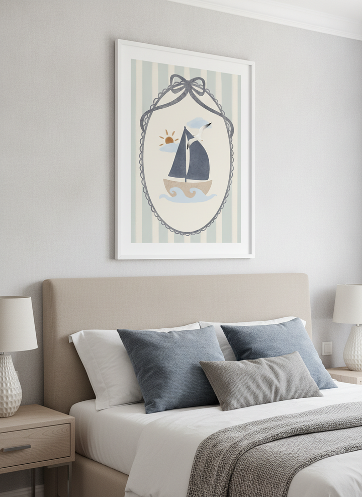 Minimalist artwork displayed in a calm, light-filled bedroom interior