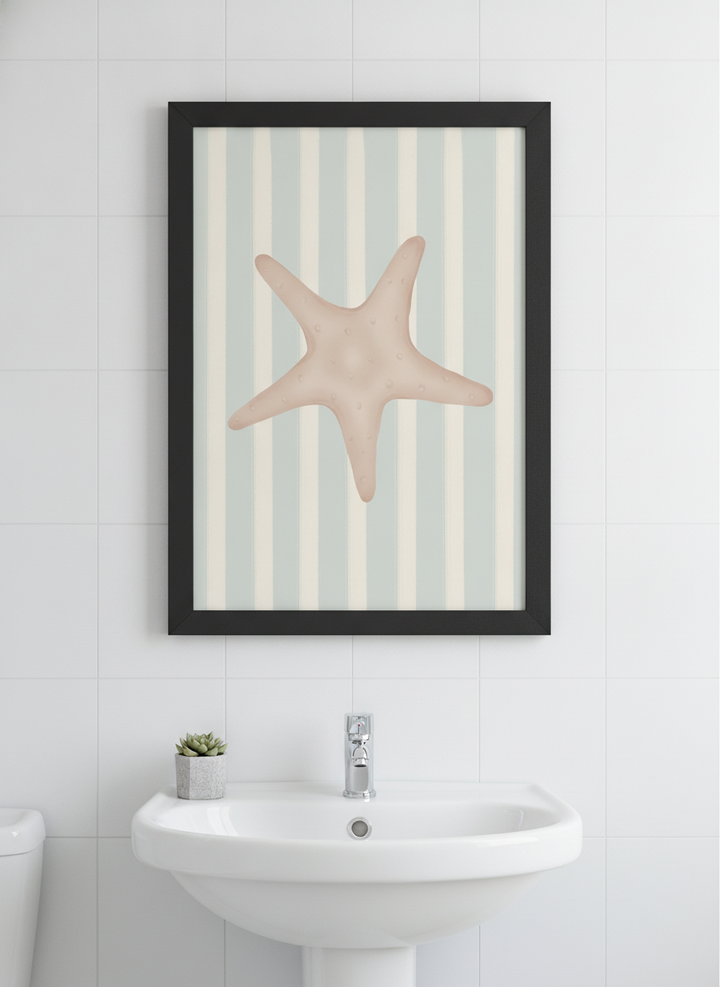 Modern print displayed in a clean minimalist bathroom setting