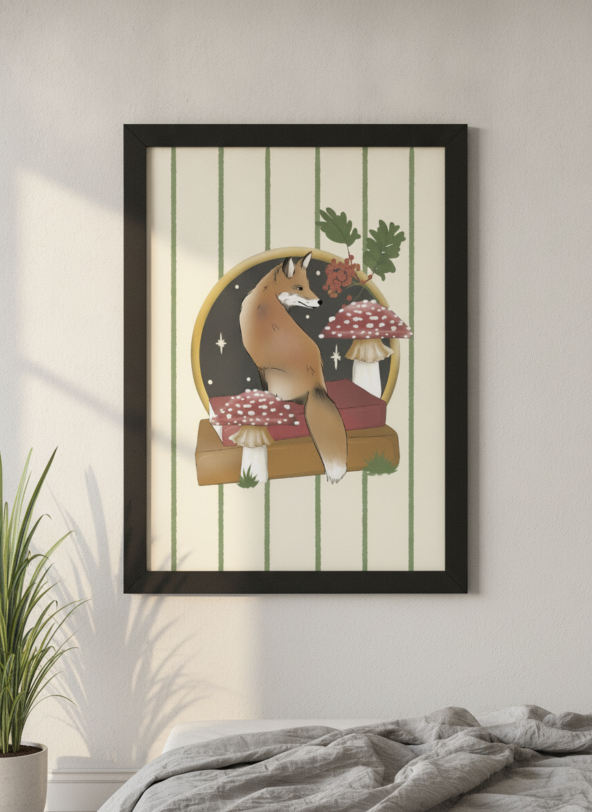 Minimalist artwork displayed in a calm, light-filled bedroom interior