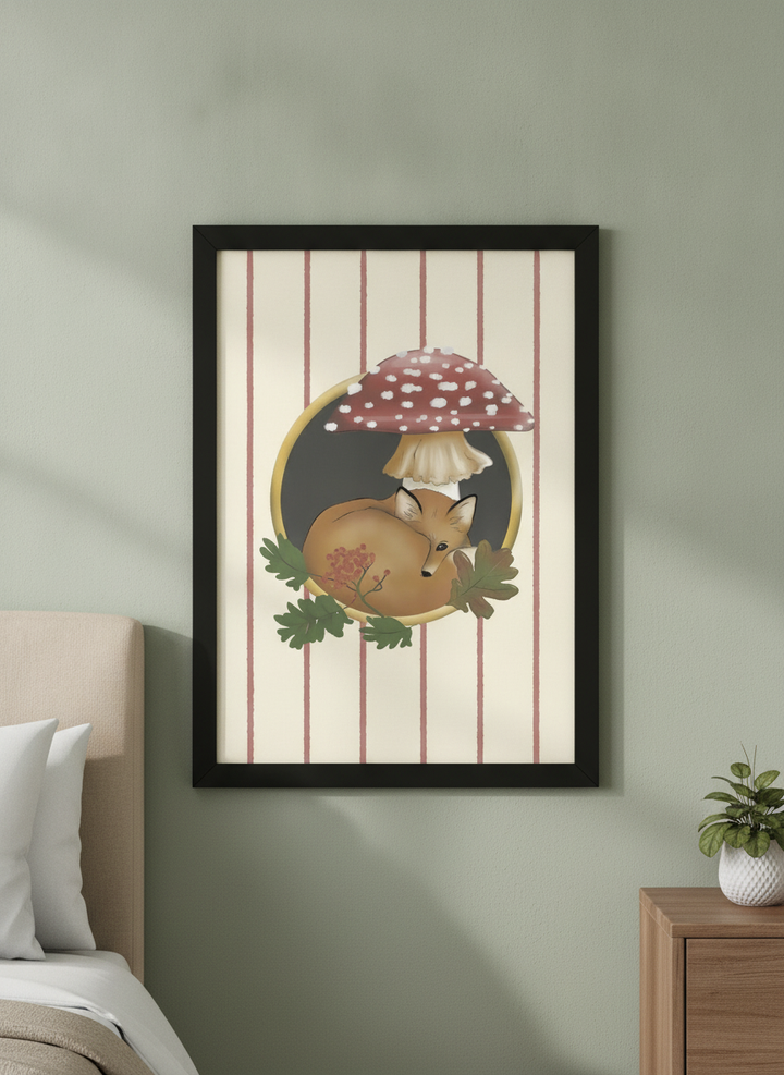 Minimalist artwork displayed in a calm, light-filled bedroom interior