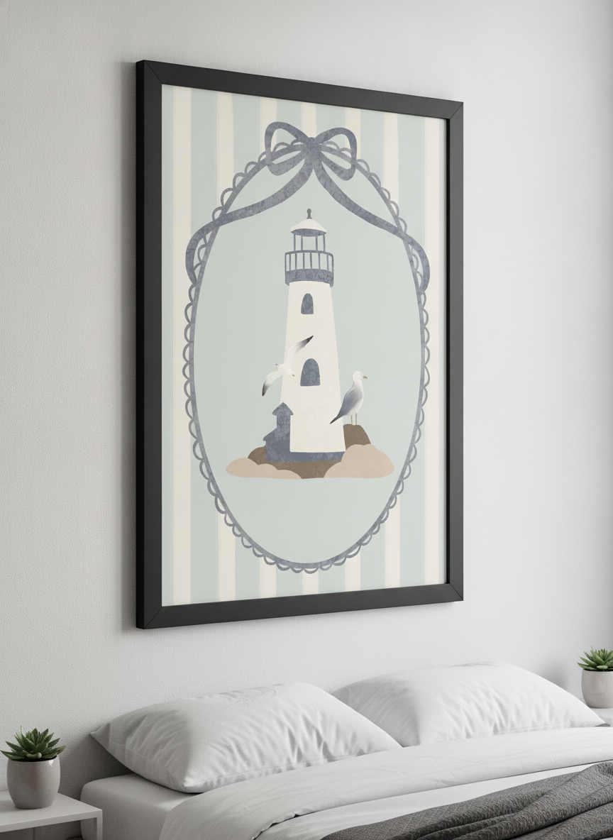Minimalist artwork displayed in a calm, light-filled bedroom interior