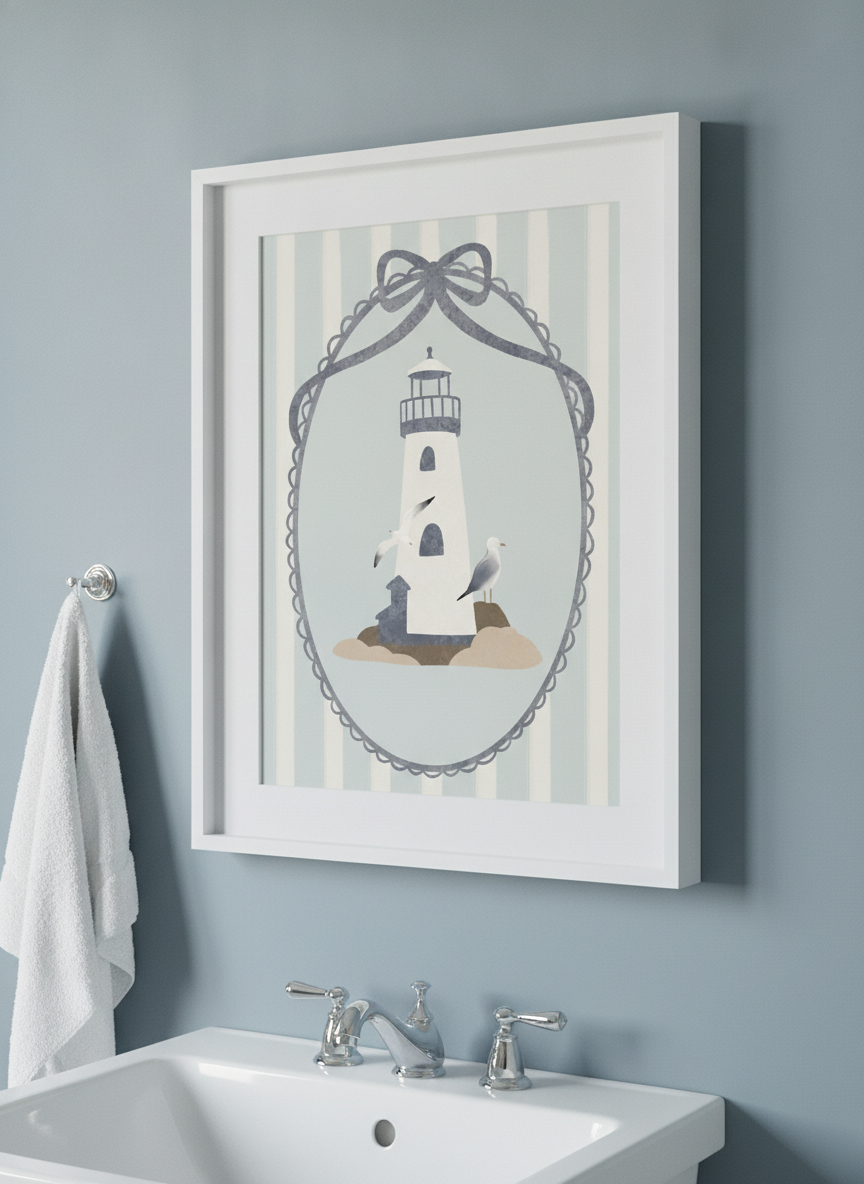 Modern print displayed in a clean minimalist bathroom setting