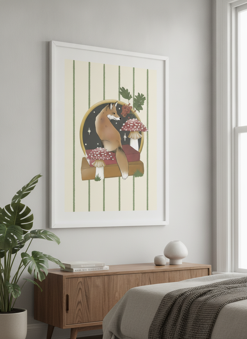Minimalist artwork displayed in a calm, light-filled bedroom interior