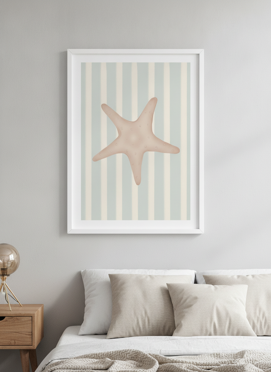 Minimalist artwork displayed in a calm, light-filled bedroom interior