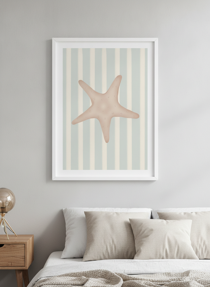 Minimalist artwork displayed in a calm, light-filled bedroom interior
