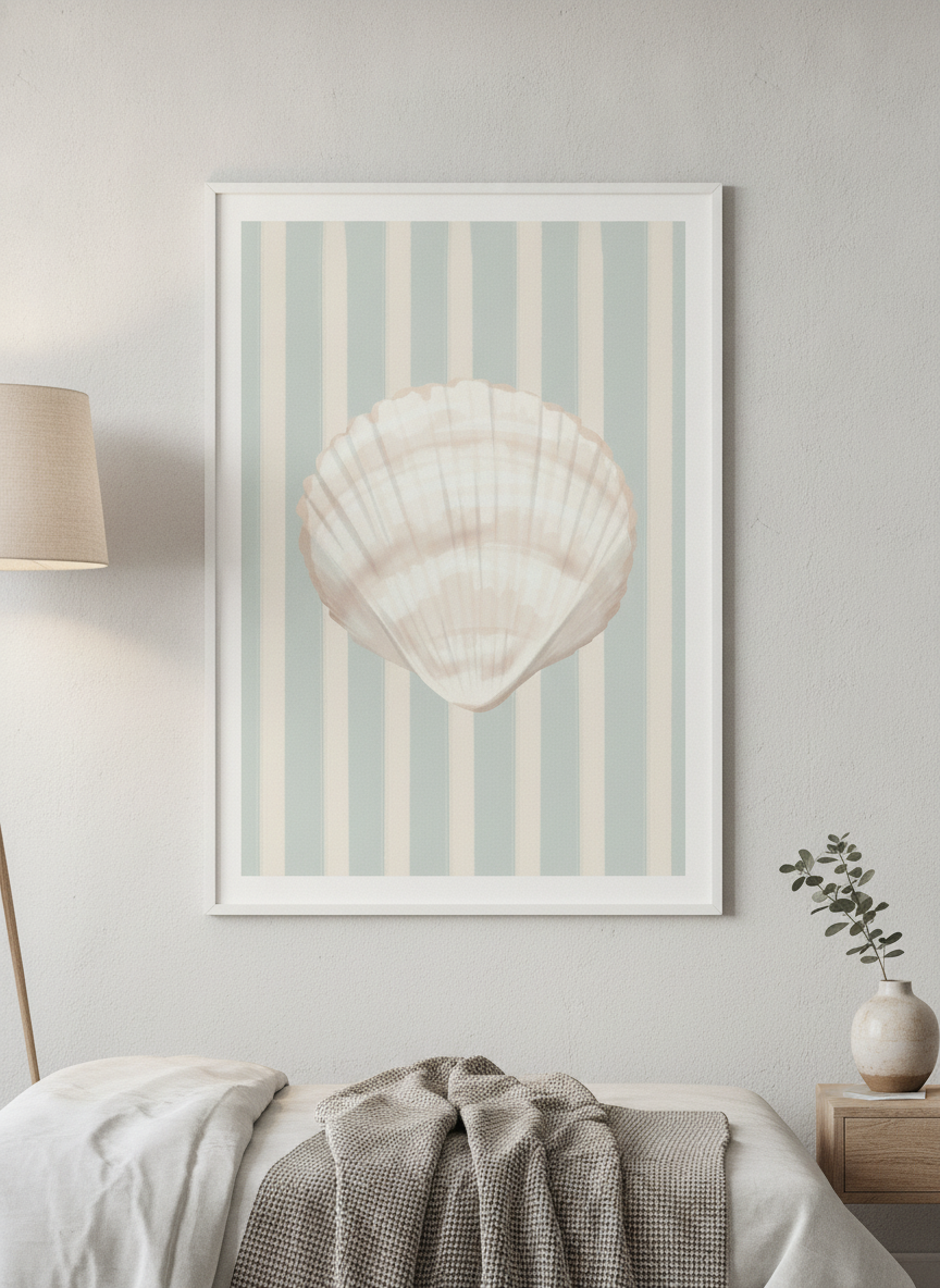 Minimalist artwork displayed in a calm, light-filled bedroom interior