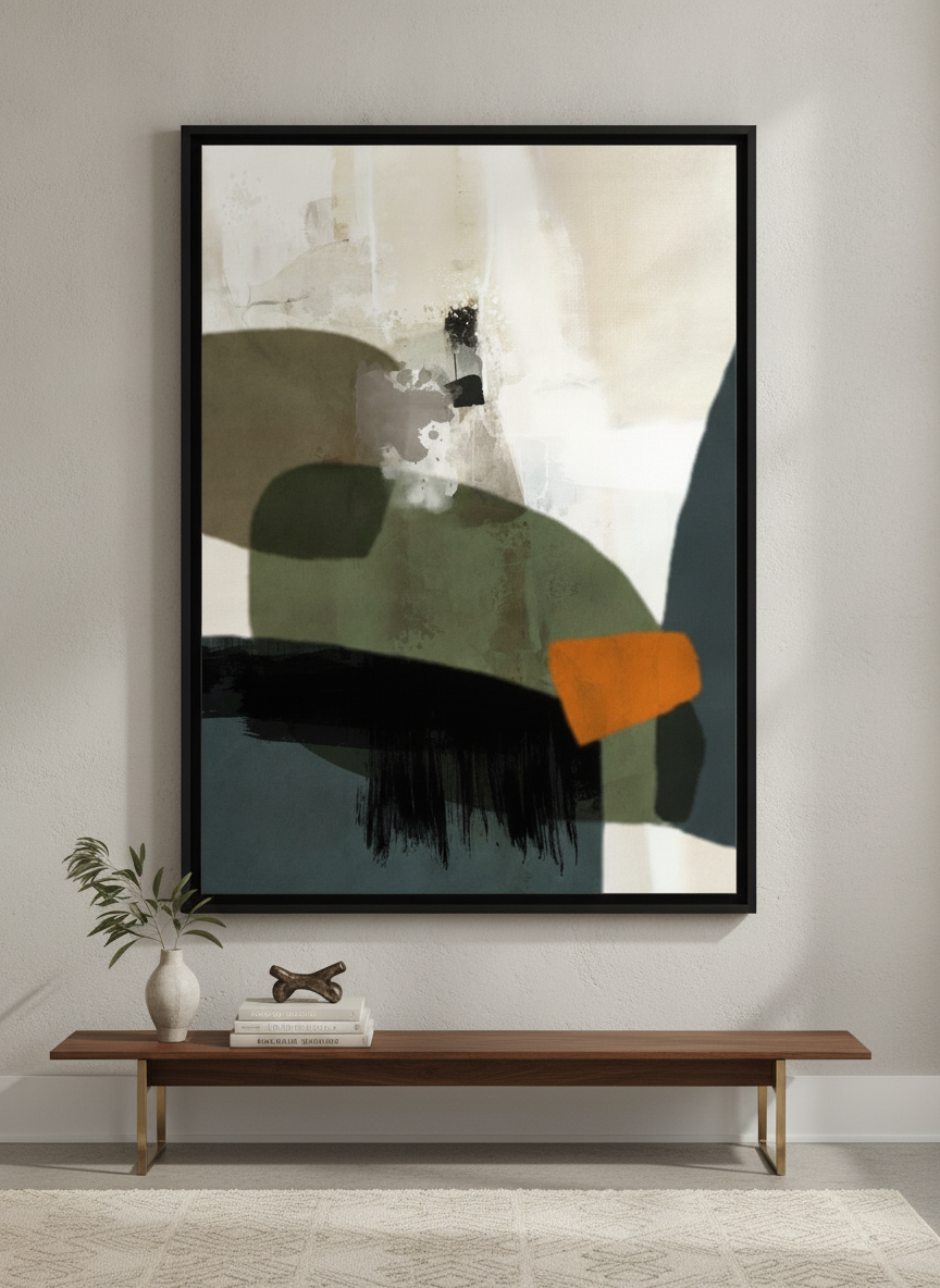 Monumental artwork centred on a feature wall in a luxe interior