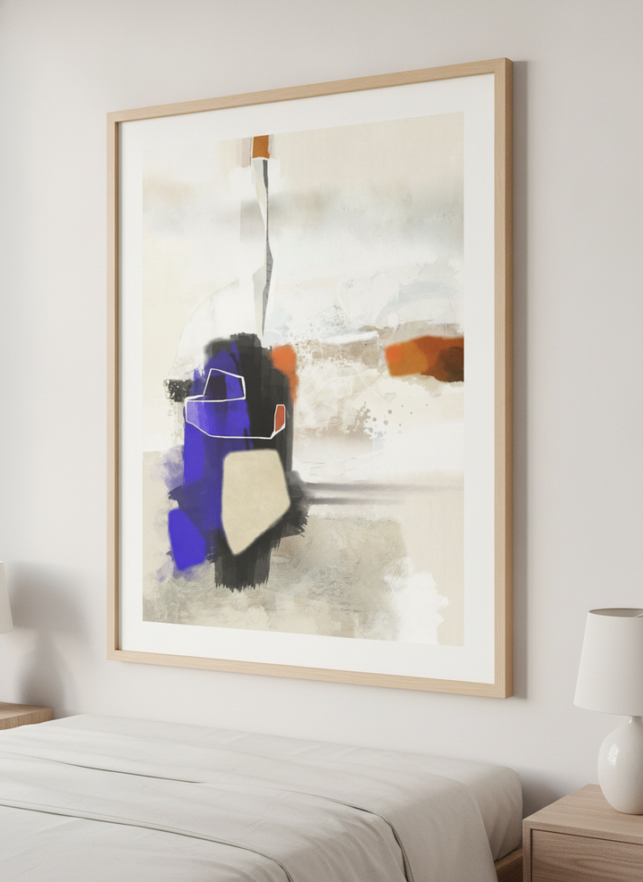 Minimalist artwork displayed in a calm, light-filled bedroom interior