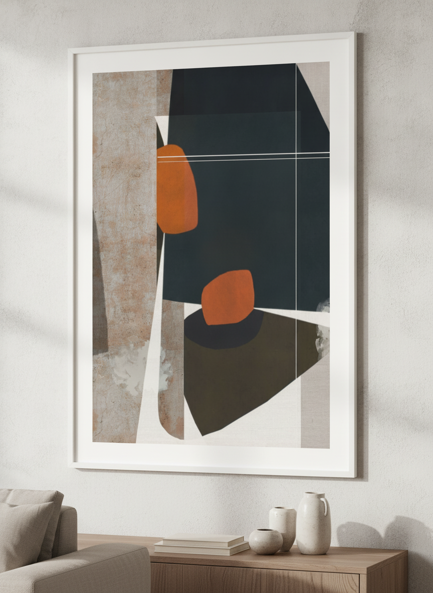 Modern wall art styled above a sofa in a neutral living room